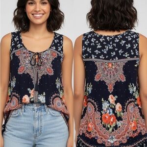 Navy and Orange Floral Sleeveless Top